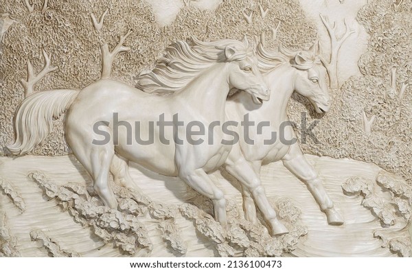 3d illustration, carving horses on stone effect mural wallpaper