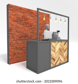 3d Illustration Cashier Kiosk Stand Booth Market Wood Decoration Backdrop Brick Texture With Stainless Steel Construction Blank Space Logo Company And Hanging Lamp. Image Isolated.