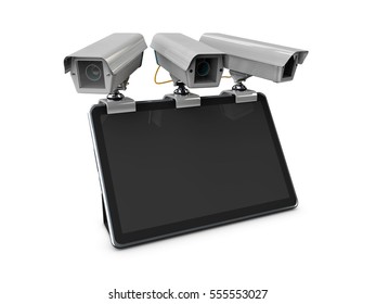 3d Illustration of cctv and mobile application on tablet, isolated white