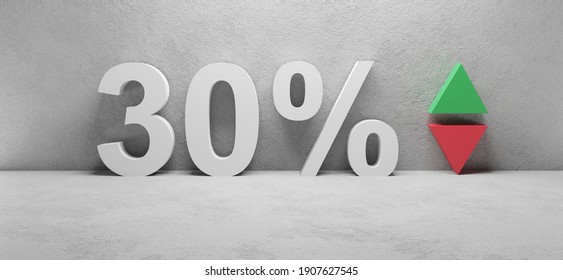 3d Illustration Or Cgi Rendering Of White 30 Percent Icon, Concept Image For Increase, Decrease Or Discount