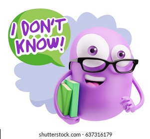 3d Illustration Character Emoticon Intelligent Expression Saying I Don't Know With Colorful Speech Bubble.