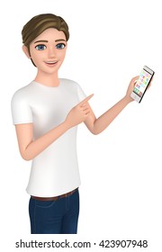 3D illustration character - The man dressed in the T-shirt uses the smartphone.