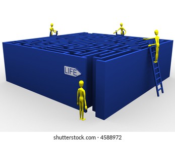 3d illustration of characters in front of a maze. A clipping path is included in the file for easy editing.