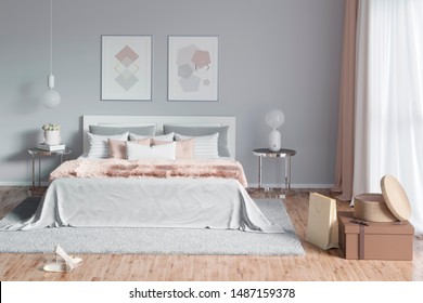 3d Illustration. Charming Woman’s Bedroom With Painting, A Mirror And Hairy Plaid. Front View