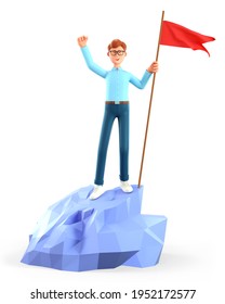 3D Illustration Of Cheerful Man Hoisting A Red Flag On The Top Mountain. Cute Cartoon Happy Businessman Throwing His Hand Up Reaching Goals. Peak Of Success, Leadership, Objective Attainment Concept.