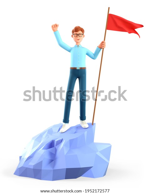 3D illustration of cheerful man hoisting a red flag on the top mountain