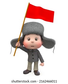 3d Illustration Of A Cheerful Teenager Walking In Winter On A Parade With A Big Flag