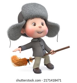 3d Illustration Of A Cheerful Teenager Walking In Winter On A Parade With A Big Broom