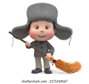 3d Illustration Of A Cheerful Teenager Walking In Winter On A Parade With A Big Broom