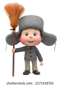 3d Illustration Of A Cheerful Teenager Walking In Winter On A Parade With A Big Broom