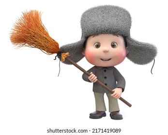 3d Illustration Of A Cheerful Teenager Walking In Winter On A Parade With A Big Broom