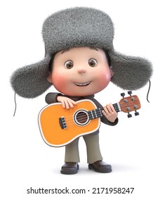 3d Illustration Of A Cheerful Teenager Walking In Winter On A Parade With A Big Guitar