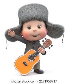 3d Illustration Of A Cheerful Teenager Walking In Winter On A Parade With A Big Guitar