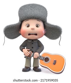 3d Illustration Of A Cheerful Teenager Walking In Winter On A Parade With A Big Guitar