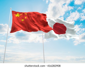3D illustration of China & Japan Flags are waving in the sky