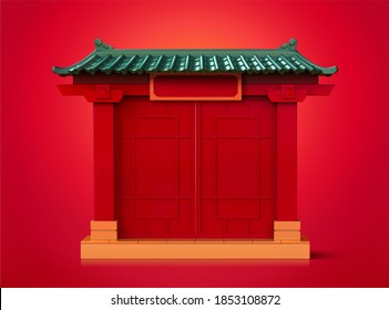 3d Illustration Of Chinese Door Entrance Isolated On Red Background, Traditional Gate With Green Roof