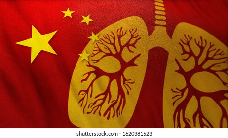 3D Illustration Of Chinese Flag Merging With Graphic Icon Of Human Lung As Wuhan Corona Virus Causes Viral Pneumonia Outbreak Like SARS Virus As A Deadly Pandemic Crisis. Acute Global Alert Banner.