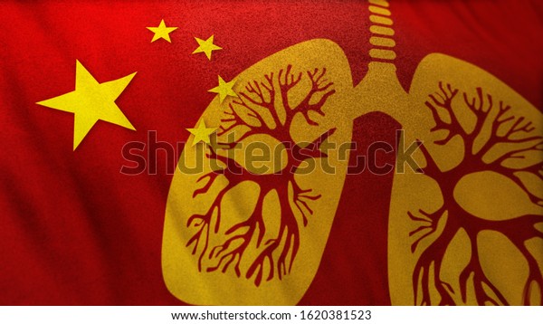 武漢コロナ ウイルスがヒトの肺の図形のアイコンと合わさった中国の国旗の3dイラストは Sarsウイルスのように 致命的な大流行の危機としてウイルス性肺炎が発生しています アキュートグローバル警告バナー のイラスト素材