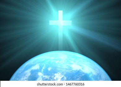 3d illustration: The Christian cross over the planet earth sheds a blessed blue light on the people of the world. Christianity. Religious concept.
