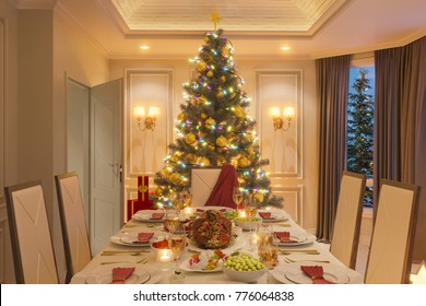 3d illustration of a Christmas family dinner table. An image for a postcard or a poster. Interior design in a classic architectural style with a Christmas tree and gifts.   - Powered by Shutterstock