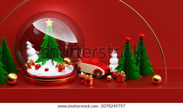 3d illustration of a Christmas snow globe with a\
Christmas tree, car, snowman, gifts and Christmas tree decorations\
on a red background. Glass snow globe realistic 3d design. Festive\
Christmas object.