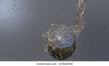 3d illustration of the chrome sphere splashed with the water