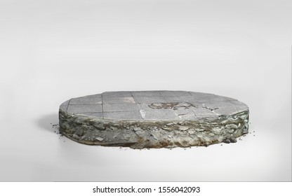 3D Illustration Circle Cross Section, Stone Ground In Round Cutaway, Realistic 3D Crack Concrete Floor Isolated On White