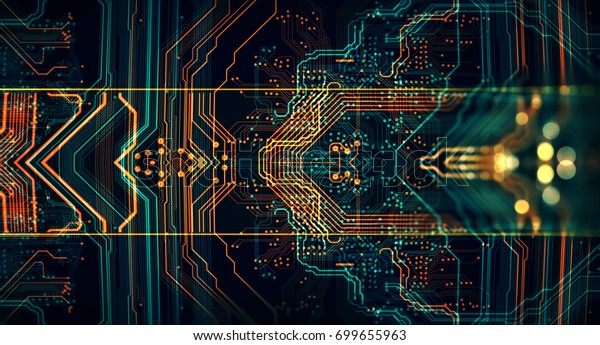 3dイラスト 回路基板の未来的なサーバコード処理 緑の青のテクノロジー背景にボケ プリント基板をサーバーに搭載したオレンジ色のコードが実行されます の イラスト素材 699655963