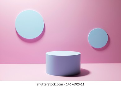 3D Illustration. Circular Display Plinth On Pink Studio Background In Front Of Two Blank White Round Plaques On The Wall With Copy Space For Design Or Product Placement