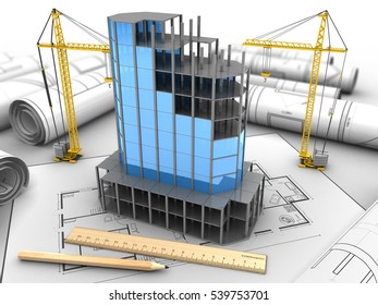 3d Illustration Of City Building Over House Plan Background With Cranes