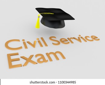 3D Illustration Of Civil Service Exam Script Under A Graduation Hat