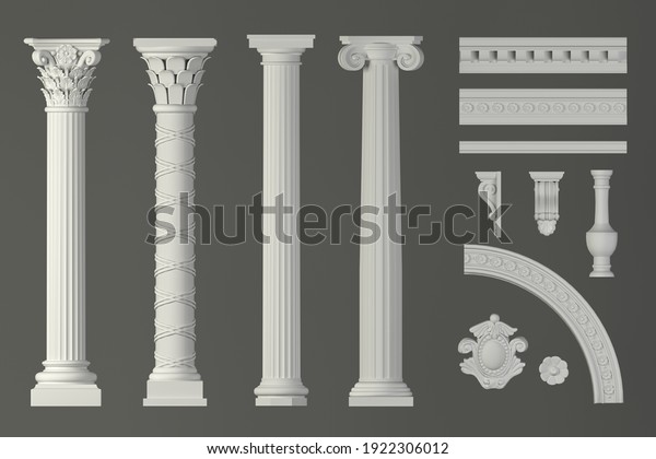 3d illustration. Classic antique white\
marble columns set in in different\
styles