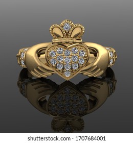 3D illustration Classic Claddagh. The Claddagh: In the Claddagh the crown represents loyalty, the heart represents love, and the hands represent friendship.