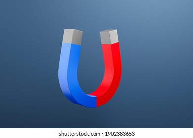 3d illustration classic magnet with red and blue ends in the form of a horseshoe flying in the air on a black isolated background