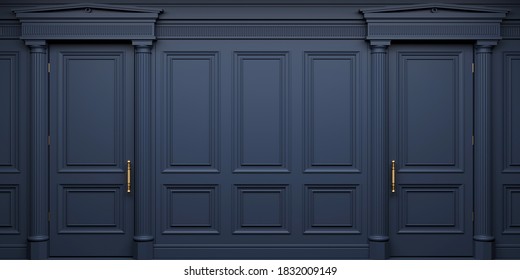 3d illustration. Classic wall of dark wood panels doors. Joinery in the interior. Background.