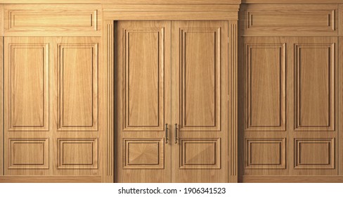 3d Illustration. Classic Wall Of Vintage Beech Wood Panels And Doors. Joinery In The Interior. Background.