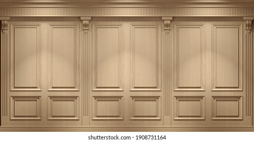 3d Illustration. Classic Wall Of Vintage Beech Wood Panels. Joinery In The Interior. Background.