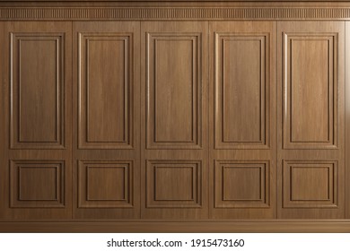 3d illustration. Classic wall of vintage oak wood panels. Joinery in the interior. Background.