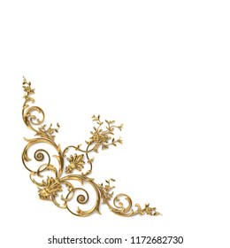 
3d illustration. Classical decorative elements in Baroque style in the form of a rectangular frame. Holiday decor of gold elements isolated on a white background.Digital illustrations. Golden frame