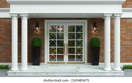 3d illustration. Classical entrance to a public building with columns. Manor in the park. Sale of houses outside the city. Facade mockup with gable