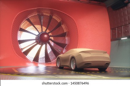 3D Illustration. Clay Car Inside Wind Tunnel. Design Without Real Car Reference And Without Copyright. Concept Sports Car, Industry Of Transportation.