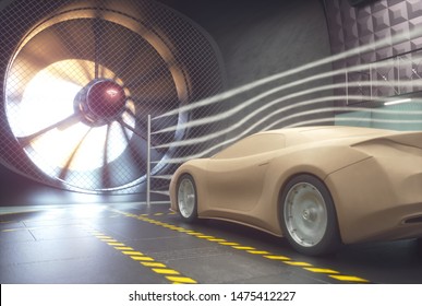 3D Illustration. Clay Car Inside Wind Tunnel. Design Without Real Car Reference And Without Copyright. Concept Sports Car, Industry Of Transportation.