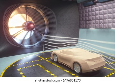 3D Illustration. Clay Car Inside Wind Tunnel. Design Without Real Car Reference And Without Copyright. Concept Sports Car, Industry Of Transportation.