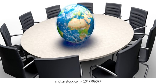 3D Illustration, Climate Conference - Globe On Conference Table Table With Chairs