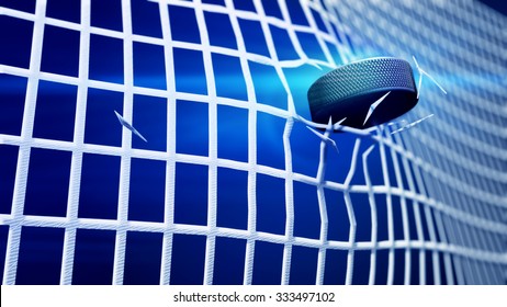 3d illustration of close up hockey puck tearing and breaking goal net