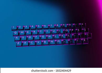 3d illustration, close up of the realistic computer or laptop keyboard with neon light  on black background .  Gaming keyboard with LED backlit