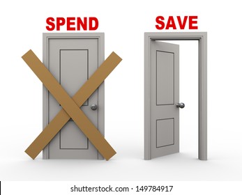 3d illustration of closed door of concept of spend and open door having word save