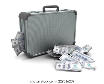 3d illustration of closed suitcase with money, over white