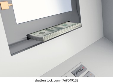 3d illustration. Closeup of ATM machine with money, Withdrawing dollar banknotes - Shutterstock ID 769049182