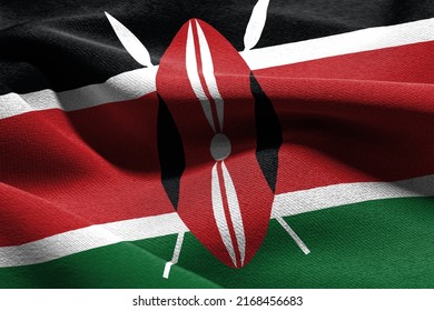 3D Illustration Closeup Flag Of Kenya. Waving On The Wind Flag Textile Background